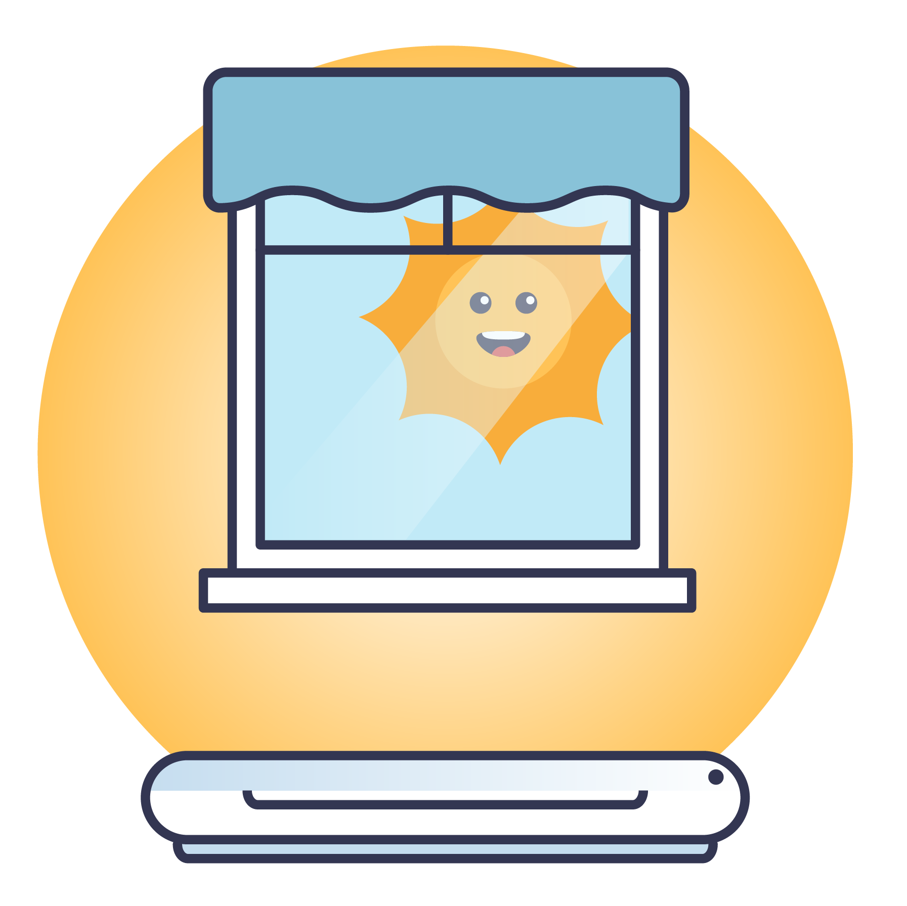 Graphique montrant une fenêtre avec des rideaux ouverts